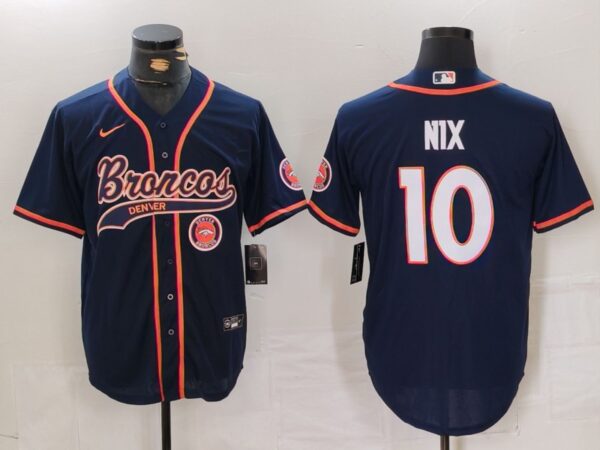 Men's Denver Broncos #10 Bo Nix Navy Cool Base Stitched Baseball Jersey