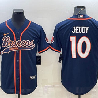 Men's Denver Broncos #10 Jerry Jeudy Navy With Patch Cool Base Stitched Baseball Jersey