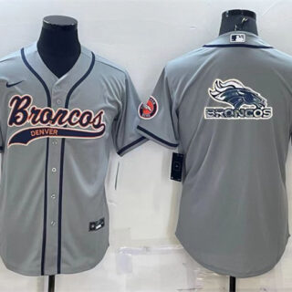 Men's Denver Broncos Grey Team Big Logo With Patch Cool Base Stitched Baseball Jersey