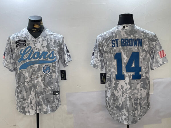 Men's Detroit Lions #14 Amon-Ra St. Brown 2024 Arctic Camo Salute To Service Stitched Baseball Jerseys