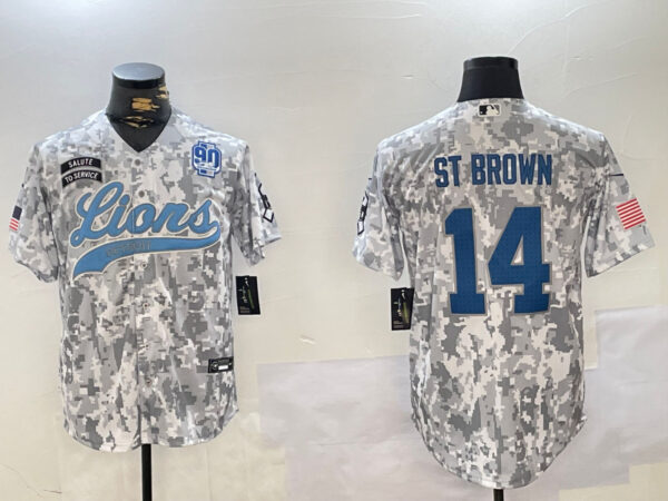 Men's Detroit Lions #14 Amon-Ra St. Brown 2024 Arctic Camo Salute To Service Stitched Baseball Jerseys