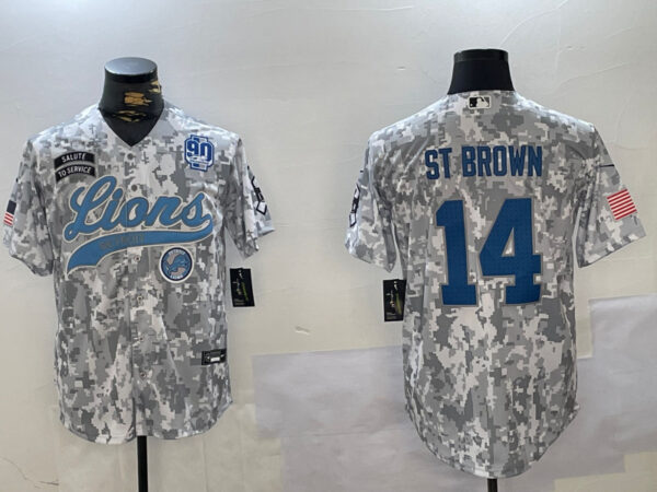 Men's Detroit Lions #14 Amon-Ra St. Brown 2024 Arctic Camo Salute To Service Stitched Baseball Jerseys