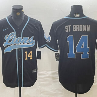 Men's Detroit Lions #14 Amon-Ra St. Brown Black Cool Base Stitched Baseball Jerseys
