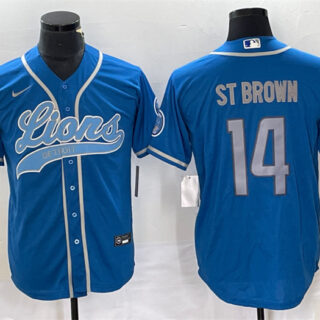 Men's Detroit Lions #14 Amon-Ra St. Brown Blue Cool Base Stitched Baseball Jersey