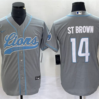Men's Detroit Lions #14 Amon-Ra St. Brown Gray Cool Base Stitched Baseball Jersey
