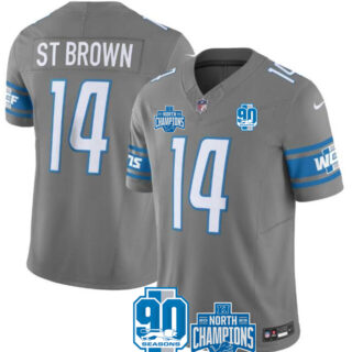 Men's Detroit Lions #14 Amon-Ra St. Brown Grey 2023 F.U.S.E. 90th Anniversary NFC North Division Champions Vapor Untouchable Limited Stitched Jersey