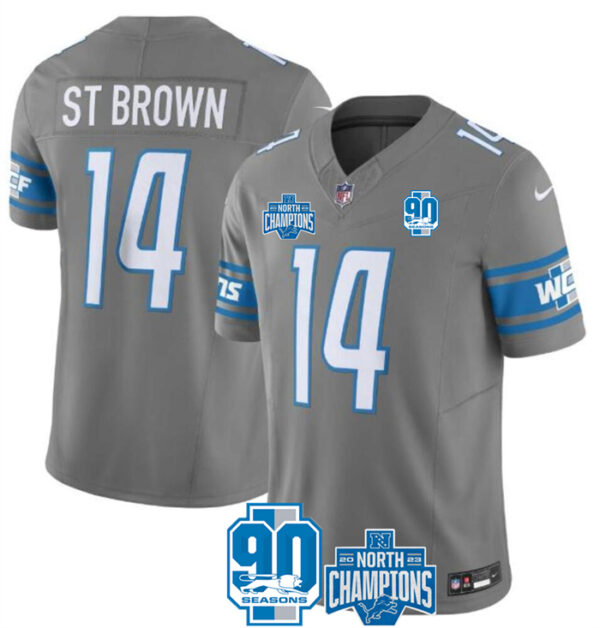 Men's Detroit Lions #14 Amon-Ra St. Brown Grey 2023 F.U.S.E. 90th Anniversary NFC North Division Champions Vapor Untouchable Limited Stitched Jersey
