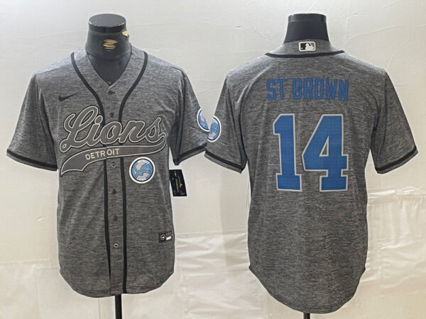 Men's Detroit Lions #14 Amon-Ra St. Brown Grey Cool Base Stitched Baseball Jerseys