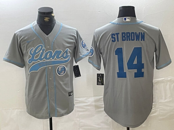 Men's Detroit Lions #14 Amon-Ra St. Brown Grey Cool Base Stitched Baseball Jerseys