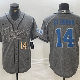 Men's Detroit Lions #14 Amon-Ra St. Brown Grey Cool Base Stitched Baseball Jerseys