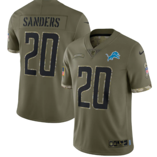 Men's Detroit Lions #20 Barry Sanders Olive 2022 Salute To Service Limited Stitched Jersey
