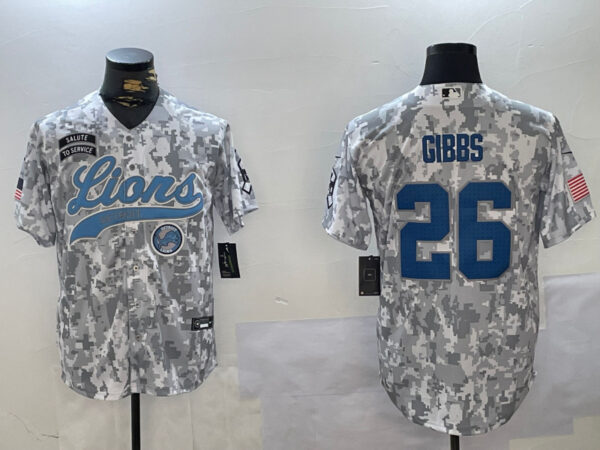 Men's Detroit Lions #26 Jahmyr Gibbs 2024 Arctic Camo Salute To Service Stitched Baseball Jerseys