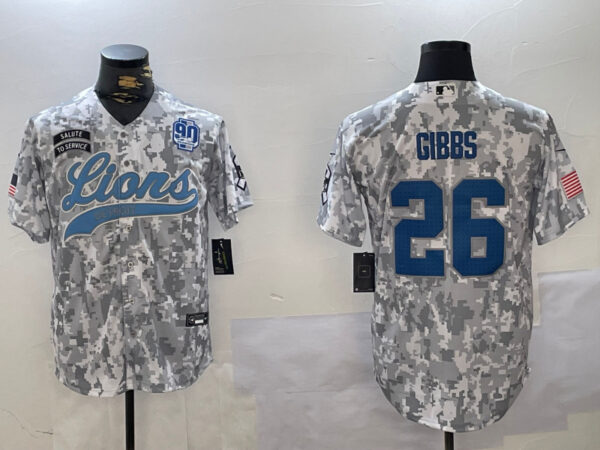 Men's Detroit Lions #26 Jahmyr Gibbs 2024 Arctic Camo Salute To Service Stitched Baseball Jerseys
