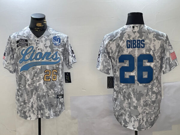 Men's Detroit Lions #26 Jahmyr Gibbs 2024 Arctic Camo Salute To Service Stitched Baseball Jerseys
