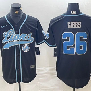 Men's Detroit Lions #26 Jahmyr Gibbs Black Cool Base Stitched Baseball Jersey