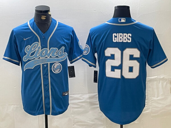 Men's Detroit Lions #26 Jahmyr Gibbs Blue Cool Base Stitched Baseball Jersey