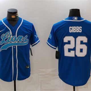 Men's Detroit Lions #26 Jahmyr Gibbs Blue Cool Base Stitched Baseball Jersey