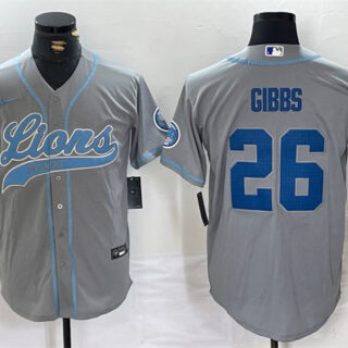 Men's Detroit Lions #26 Jahmyr Gibbs Grey Cool Base Stitched Baseball Jersey