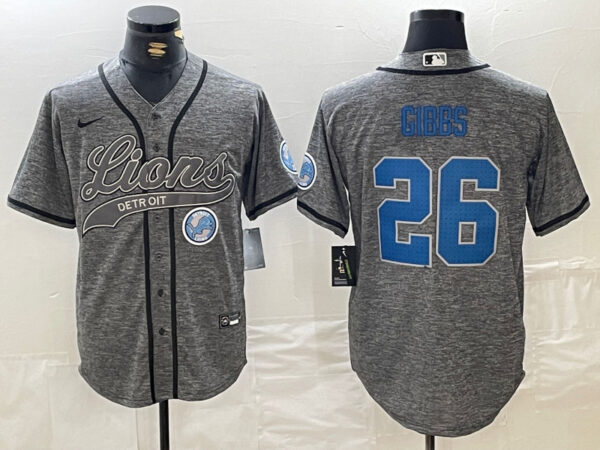 Men's Detroit Lions #26 Jahmyr Gibbs Grey Cool Base Stitched Baseball Jerseys