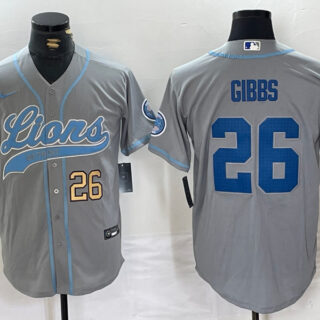 Men's Detroit Lions #26 Jahmyr Gibbs Grey Cool Base Stitched Baseball Jerseys