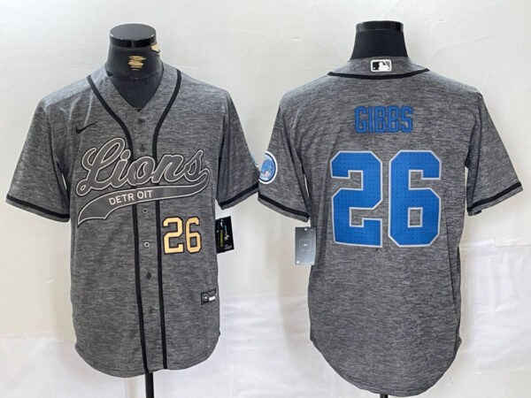 Men's Detroit Lions #26 Jahmyr Gibbs Grey Cool Base Stitched Baseball Jerseys