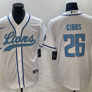 Men's Detroit Lions #26 Jahmyr Gibbs White Cool Base Stitched Baseball Jersey