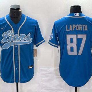 Men's Detroit Lions #87 Sam LaPorta Blue Cool Base Stitched Baseball Jersey