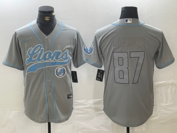 Men's Detroit Lions #87 Sam LaPorta Grey Cool Base Stitched Baseball Jerseys