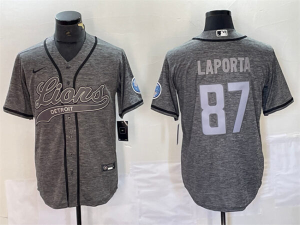 Men's Detroit Lions #87 Sam LaPorta Grey Cool Base Stitched Baseball Jerseys