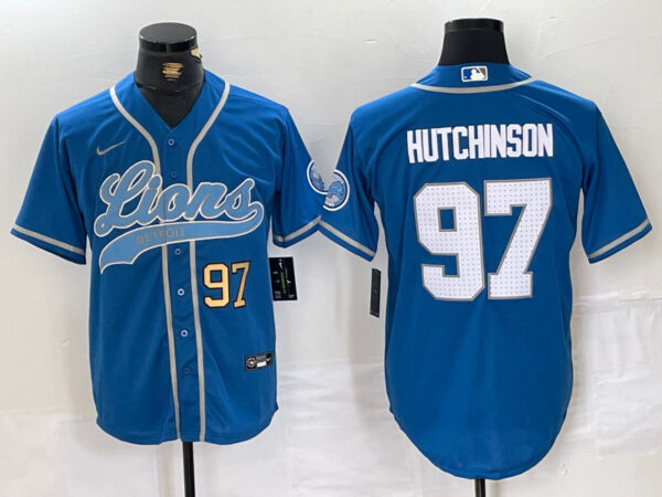 Men's Detroit Lions #97 Aidan Hutchinson Blue Cool Base Stitched Baseball Jerseys