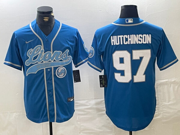 Men's Detroit Lions #97 Aidan Hutchinson Blue Cool Base Stitched Baseball Jerseys