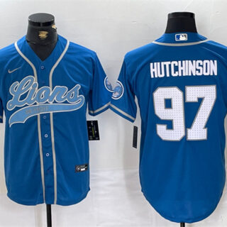 Men's Detroit Lions #97 Aidan Hutchinson Blue Cool Base Stitched Baseball Jersey