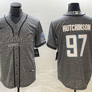 Men's Detroit Lions #97 Aidan Hutchinson Grey Cool Base Stitched Baseball Jersey