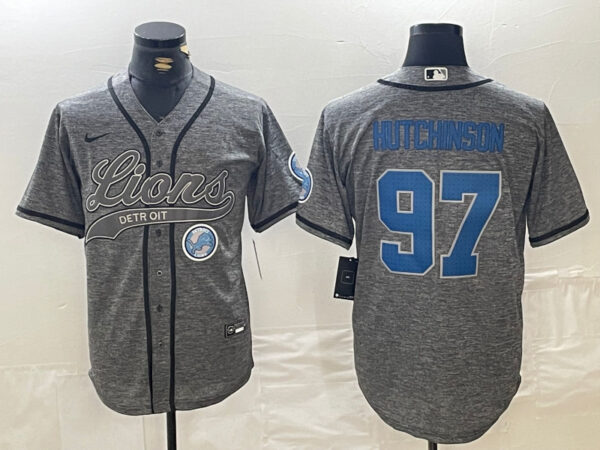 Men's Detroit Lions #97 Aidan Hutchinson Grey Cool Base Stitched Baseball Jerseys