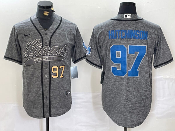 Men's Detroit Lions #97 Aidan Hutchinson Grey Cool Base Stitched Baseball Jerseys