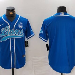 Men's Detroit Lions Blank Blue With 90th Anniversary Patch Cool Base Stitched Baseball Jersey