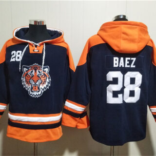 Men's Detroit Tigers #28 Javier Báez Navy Lace-Up Pullover Hoodie