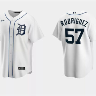 Men's Detroit Tigers #57 Eduardo Rodriguez White Cool Base Stitched Jersey