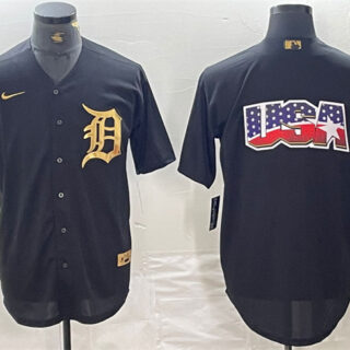 Men's Detroit Tigers Black Team Big Logo Cool Base Stitched Baseball Jersey 5