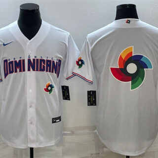 Men's Dominican Republic Baseball 2023 White World Baseball Big Logo With Patch Classic Replica Stitched Jersey