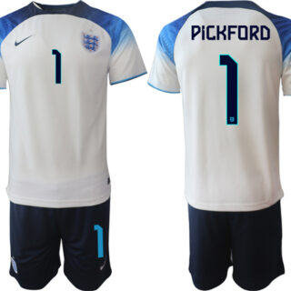 Men's England #1 Pickford White Home Soccer Jersey Suit