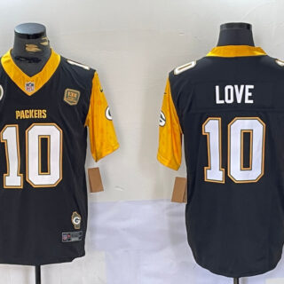 Men's Green Bay Packers #10 Jordan Love Black White Gold 2024 F.U.S.E. Home Patch Vapor Untouchable Limited Stitched Jerseys