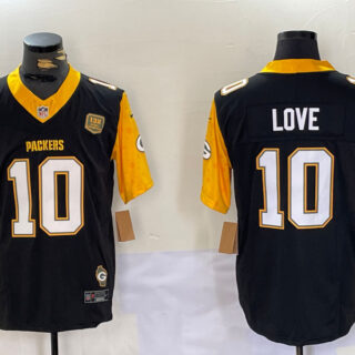 Men's Green Bay Packers #10 Jordan Love Black White Gold 2024 F.U.S.E. Home Patch Vapor Untouchable Limited Stitched Jersey