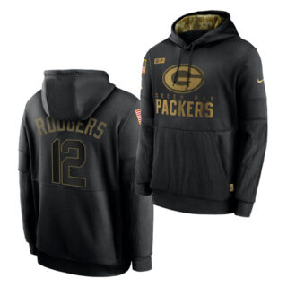 Men's Green Bay Packers #12 Aaron Rodgers 2020 Salute To Service Black Sideline Performance Pullover Hoodie