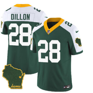Men's Green Bay Packers #28 A.J. Dillon Green White 2023 F.U.S.E. Home Patch Vapor Untouchable Limited Stitched Jersey
