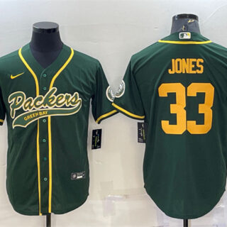 Men's Green Bay Packers #33 Aaron Jones Green Gold With Patch Cool Base Stitched Baseball Jersey