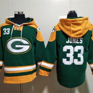 Men's Green Bay Packers #33 Aaron Jones Green Lace-Up Pullover Hoodie