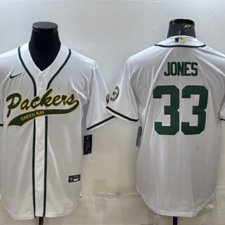 Men's Green Bay Packers #33 Aaron Jones White With Patch Cool Base Stitched Baseball Jersey