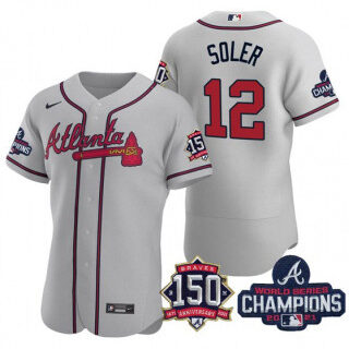 Men's Grey Atlanta Braves #12 Jorge Soler 2021 World Series Champions With 150th Anniversary Flex Base Stitched Jersey