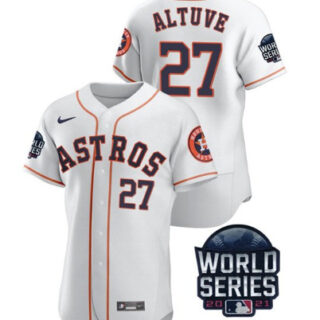 Men's Houston Astros #27 Jose Altuve 2021 White World Series Flex Base Stitched Baseball Jersey